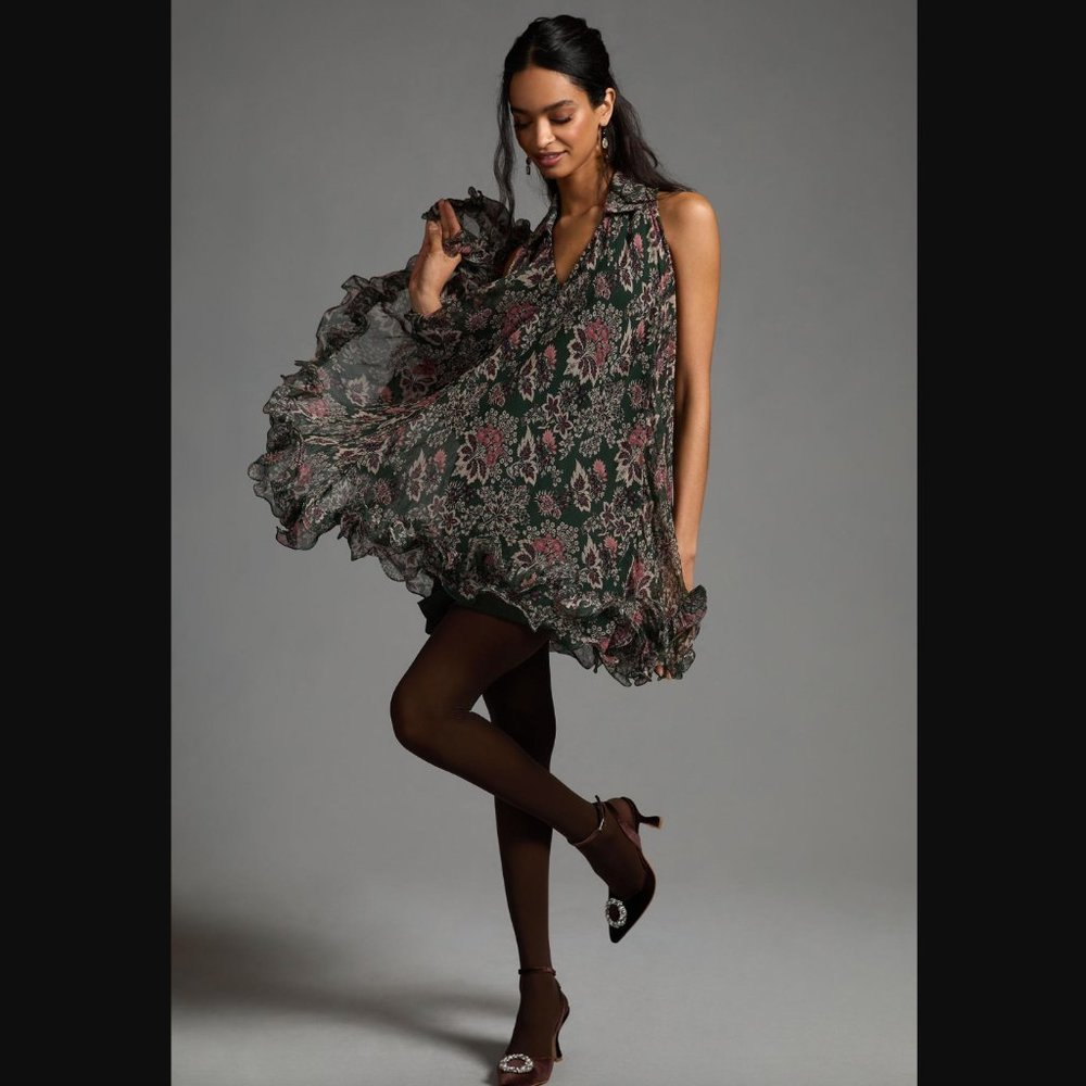 Anthropologie Let Me Be Green Pink Floral V Neck Ruffle Hem Swing Mini Dress S - Picture 2 of 12